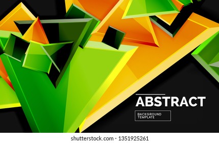 Glossy mosaic style geometric shapes - squares and triangles on black. Vector illustration