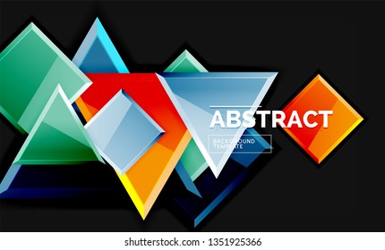 Glossy mosaic style geometric shapes - squares and triangles on black. Vector illustration