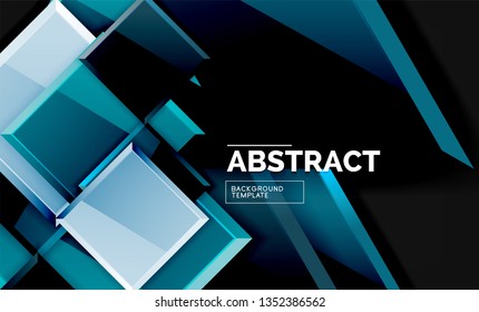 Glossy mosaic style geometric shapes - squares and triangles on black. Vector illustration