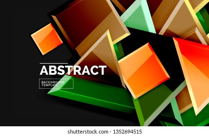 Glossy mosaic style geometric shapes - squares and triangles on black. Vector illustration
