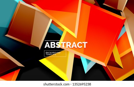 Glossy mosaic style geometric shapes - squares and triangles on black. Vector illustration