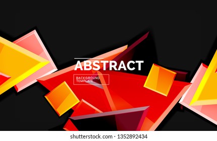 Glossy mosaic style geometric shapes - squares and triangles on black. Vector illustration