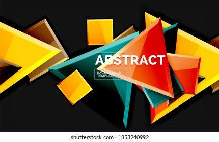 Glossy mosaic style geometric shapes - squares and triangles on black. Vector illustration
