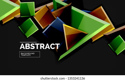 Glossy mosaic style geometric shapes - squares and triangles on black. Vector illustration