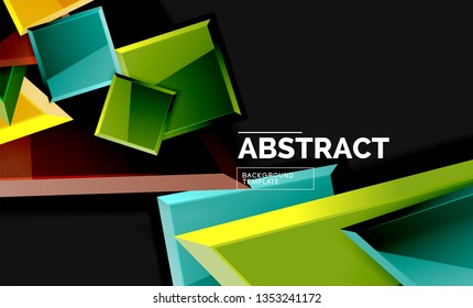 Glossy mosaic style geometric shapes - squares and triangles on black. Vector illustration