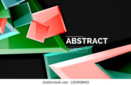Glossy mosaic style geometric shapes - squares and triangles on black. Vector illustration