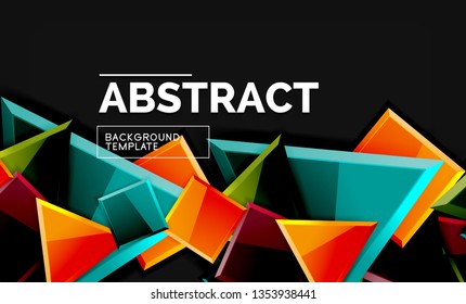 Glossy mosaic style geometric shapes - squares and triangles on black. Vector illustration