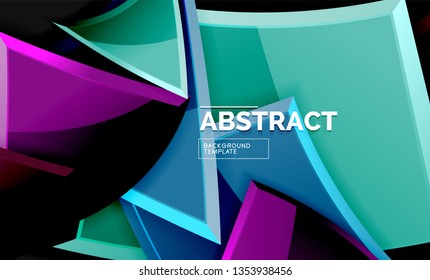 Glossy mosaic style geometric shapes - squares and triangles on black. Vector illustration