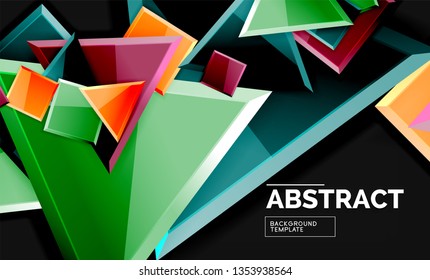 Glossy mosaic style geometric shapes - squares and triangles on black. Vector illustration