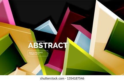 Glossy mosaic style geometric shapes - squares and triangles on black. Vector illustration