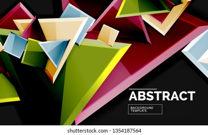 Glossy mosaic style geometric shapes - squares and triangles on black. Vector illustration