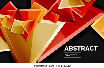 Glossy mosaic style geometric shapes - squares and triangles on black. Vector illustration