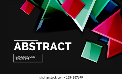 Glossy mosaic style geometric shapes - squares and triangles on black. Vector illustration