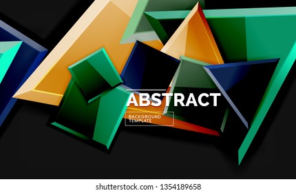 Glossy mosaic style geometric shapes - squares and triangles on black. Vector illustration