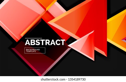 Glossy mosaic style geometric shapes - squares and triangles on black. Vector illustration
