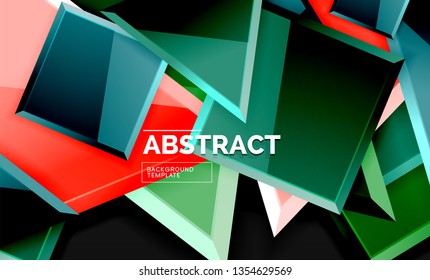 Glossy mosaic style geometric shapes - squares and triangles on black. Vector illustration