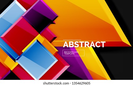 Glossy mosaic style geometric shapes - squares and triangles on black. Vector illustration