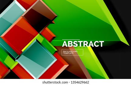 Glossy mosaic style geometric shapes - squares and triangles on black. Vector illustration