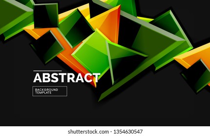 Glossy mosaic style geometric shapes - squares and triangles on black. Vector illustration