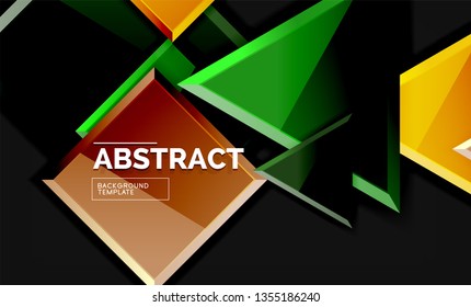 Glossy mosaic style geometric shapes - squares and triangles on black. Vector illustration