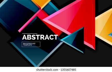 Glossy mosaic style geometric shapes - squares and triangles on black. Vector illustration