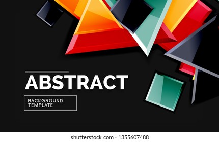 Glossy mosaic style geometric shapes - squares and triangles on black. Vector illustration