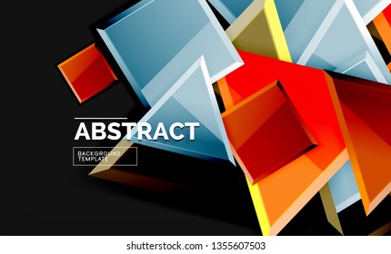 Glossy mosaic style geometric shapes - squares and triangles on black. Vector illustration