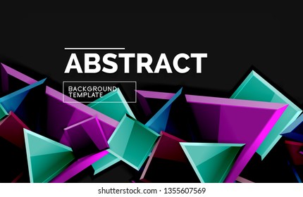 Glossy mosaic style geometric shapes - squares and triangles on black. Vector illustration