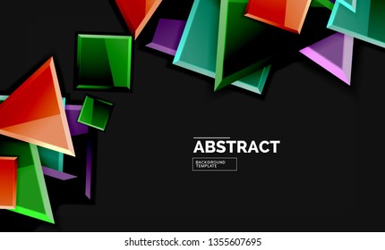 Glossy mosaic style geometric shapes - squares and triangles on black. Vector illustration