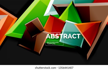 Glossy mosaic style geometric shapes - squares and triangles on black. Vector illustration