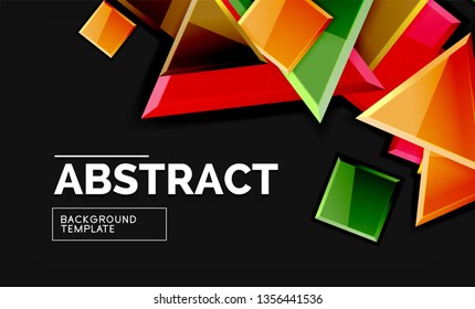 Glossy mosaic style geometric shapes - squares and triangles on black. Vector illustration