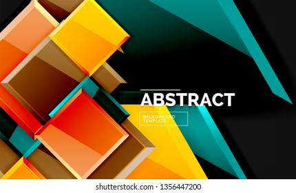 Glossy mosaic style geometric shapes - squares and triangles on black. Vector illustration