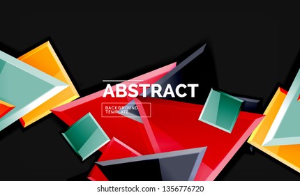 Glossy mosaic style geometric shapes - squares and triangles on black. Vector illustration