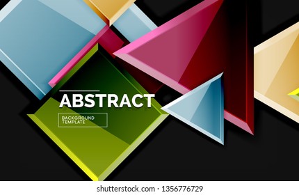 Glossy mosaic style geometric shapes - squares and triangles on black. Vector illustration