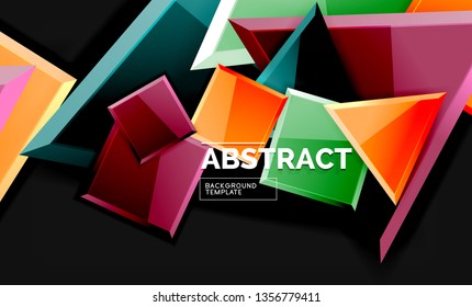 Glossy mosaic style geometric shapes - squares and triangles on black. Vector illustration