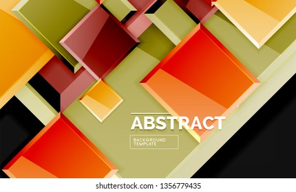 Glossy mosaic style geometric shapes - squares and triangles on black. Vector illustration