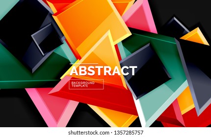 Glossy mosaic style geometric shapes - squares and triangles on black. Vector illustration