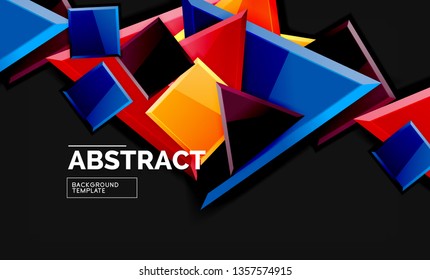 Glossy mosaic style geometric shapes - squares and triangles on black. Vector illustration