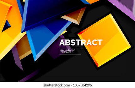 Glossy mosaic style geometric shapes - squares and triangles on black. Vector illustration