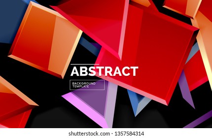 Glossy mosaic style geometric shapes - squares and triangles on black. Vector illustration
