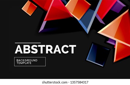 Glossy mosaic style geometric shapes - squares and triangles on black. Vector illustration