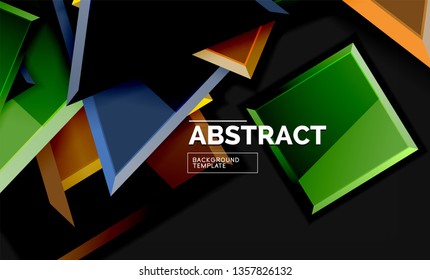 Glossy mosaic style geometric shapes - squares and triangles on black. Vector illustration