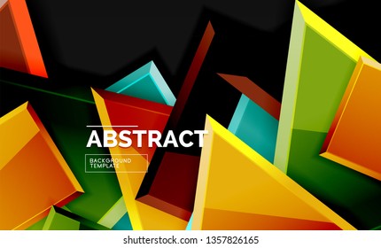 Glossy mosaic style geometric shapes - squares and triangles on black. Vector illustration