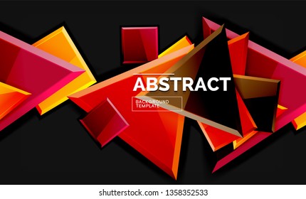 Glossy mosaic style geometric shapes - squares and triangles on black. Vector illustration