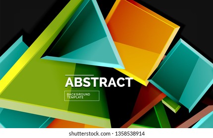 Glossy mosaic style geometric shapes - squares and triangles on black. Vector illustration