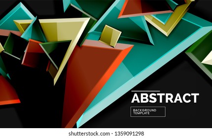 Glossy mosaic style geometric shapes - squares and triangles on black. Vector illustration