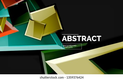 Glossy mosaic style geometric shapes - squares and triangles on black. Vector illustration
