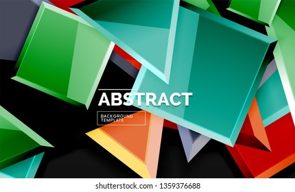 Glossy mosaic style geometric shapes - squares and triangles on black. Vector illustration