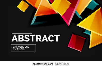 Glossy mosaic style geometric shapes - squares and triangles on black. Vector illustration