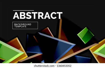 Glossy mosaic style geometric shapes - squares and triangles on black. Vector illustration
